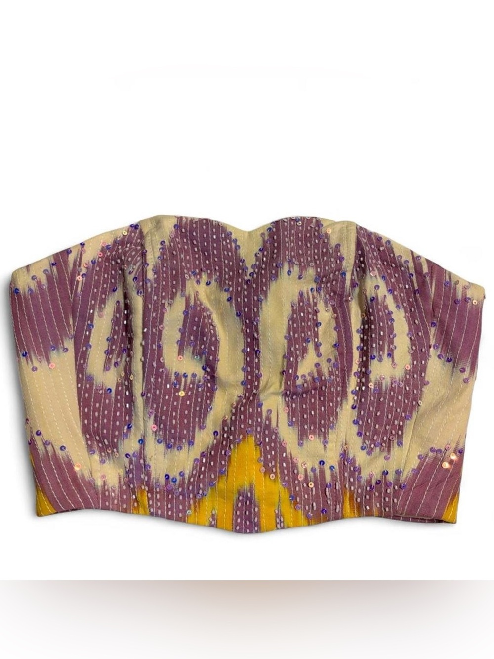 Strapless Beaded Ikat Bustier Top in Purple and Cream